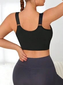 SHEIN Yoga Basic 大尺碼女運動文胸,內建胸圍和可調式褶皺正面 - 黑色 - 查看 2