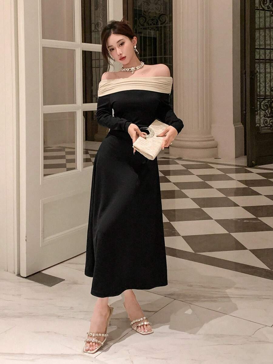 DAZY 女士撞色褶裥露肩连衣裙，生日、新年、舞会礼服，秋季长袖连衣裙，优雅女士连衣裙，嘉年华礼服 - 黑色 - 查看 1