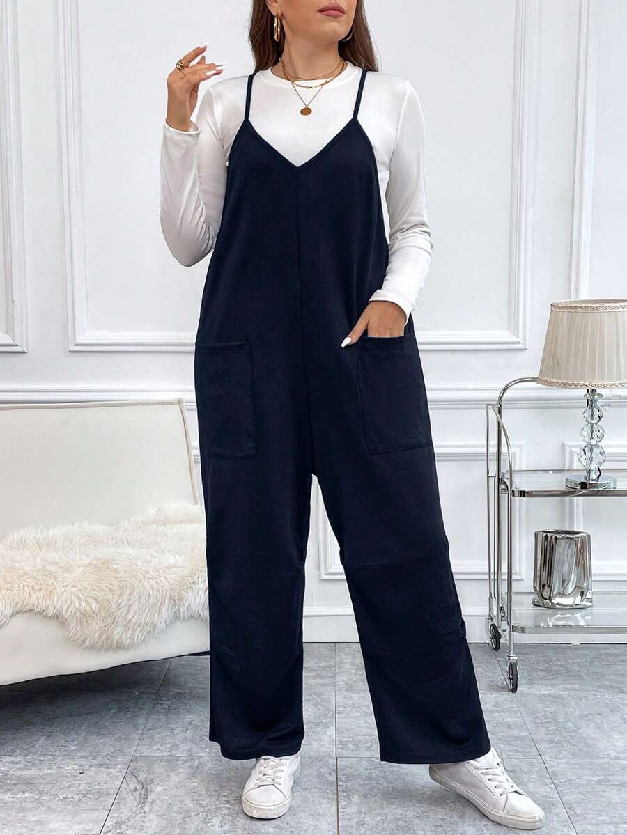 SHEIN LUNE 女士大碼純色肩帶連身褲 - 藏蓝色 - 查看 1