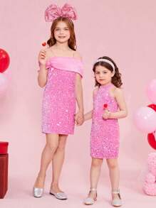 SHEIN Girls' Beaded Spaghetti Strap Elegant Dress, Sibling Outfits Matching Outfits (2 Pieces Are Sold Separately) - Pink - View 1