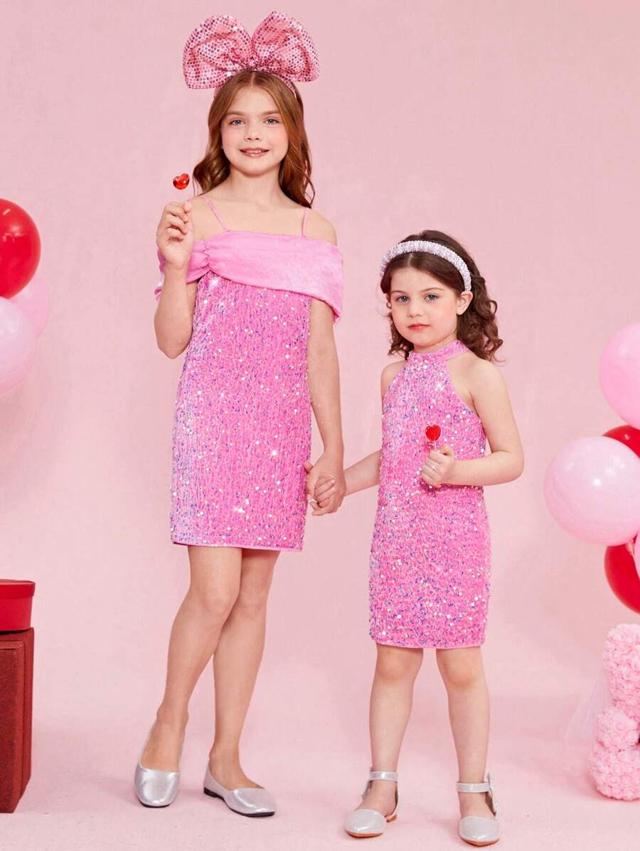 SHEIN Girls' Beaded Spaghetti Strap Elegant Dress, Sibling Outfits Matching Outfits (2 Pieces Are Sold Separately) - Pink - View 1