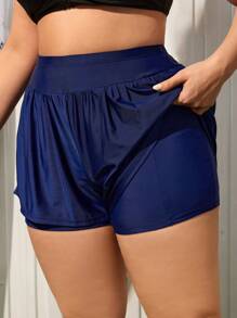SHEIN Swim Curve Summer Beach Plus Size Wide Waistband Solid Color Swim Shorts - Navy Blue - View 4