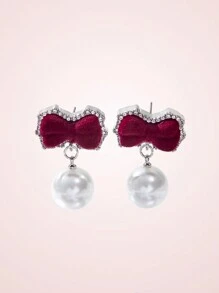 SHEIN MOD 1對時尚蝴蝶結&人造珍珠耳環 - 酒紅色 - 查看 1