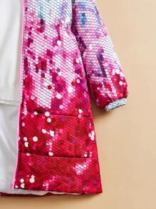 SHEIN Tween Girl Sequin Effect Drop Shoulder Fuzzy Trim Hooded Padded Coat - Multicolor - View 3