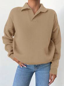 Cloudara Solid Drop Shoulder Sweater - Camel - View 4