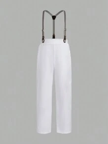 少年格子襯衫配可拆式背帶和長褲，紳士套裝 - 白色 - 查看 6