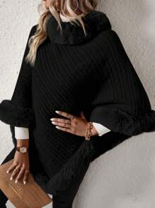 SHEIN Clasi Solid Color High-Neck Plush Patchwork Batwing Sleeve Sweater - Black - View 4