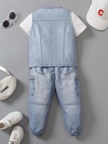 SHEIN Young Boy Solid Color Short Sleeve T-Shirt And Denim Effect Vest And Pants 2pcs Set