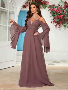 UNITHORSE Off-Shoulder Flare Sleeve Solid Color Bridesmaid Dress - Dusty Pink - View 8