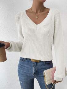 EMERY ROSE Áo len dệt kim tay raglan trơn, áo len dài tay kiểu chui đầu mùa thu đông. - trắng - Xem 4