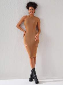 Queen Is The Title Designer Solid Cut-Out Ribbed Knit Elegant Sweater Dress, For Holiday, Party, Birthday Outfits, Festival, Wedding, Prom Dress - Camel - View 7