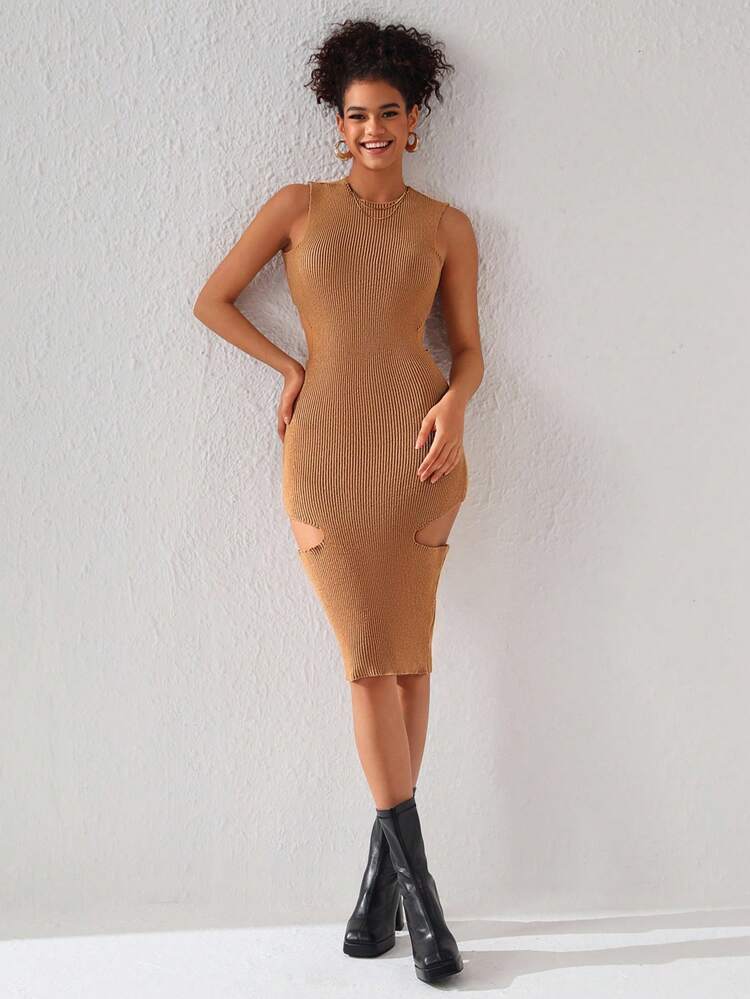 Designer Solid Cut-Out Ribbed Knit Elegant Sweater Dress, For Holiday, Party, Birthday Outfits, Festival, Wedding, Prom Dress