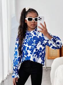 女孩花卉印花立領襯衫 - 藍色 - 查看 1