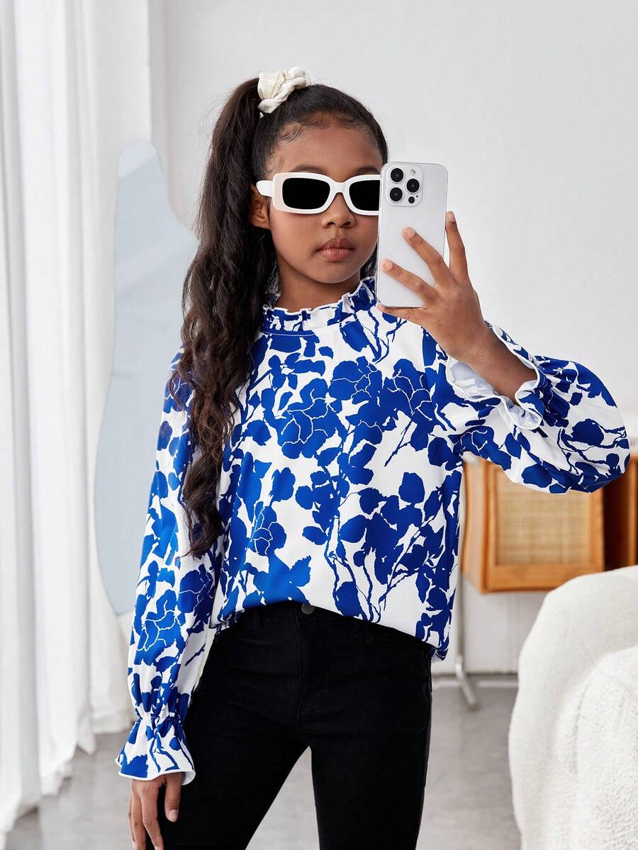 女孩花卉印花立領襯衫 - 藍色 - 查看 1