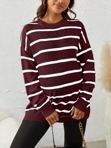 SHEIN Thai sản Sọc Thả vai Tay áo dài Áo len - Màu Đỏ Sâu - Xem 5