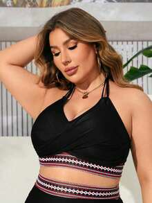 SHEIN Swim Curve 大尺碼女款幾何印花掛脖比基尼上衣 - 黑色 - 查看 3