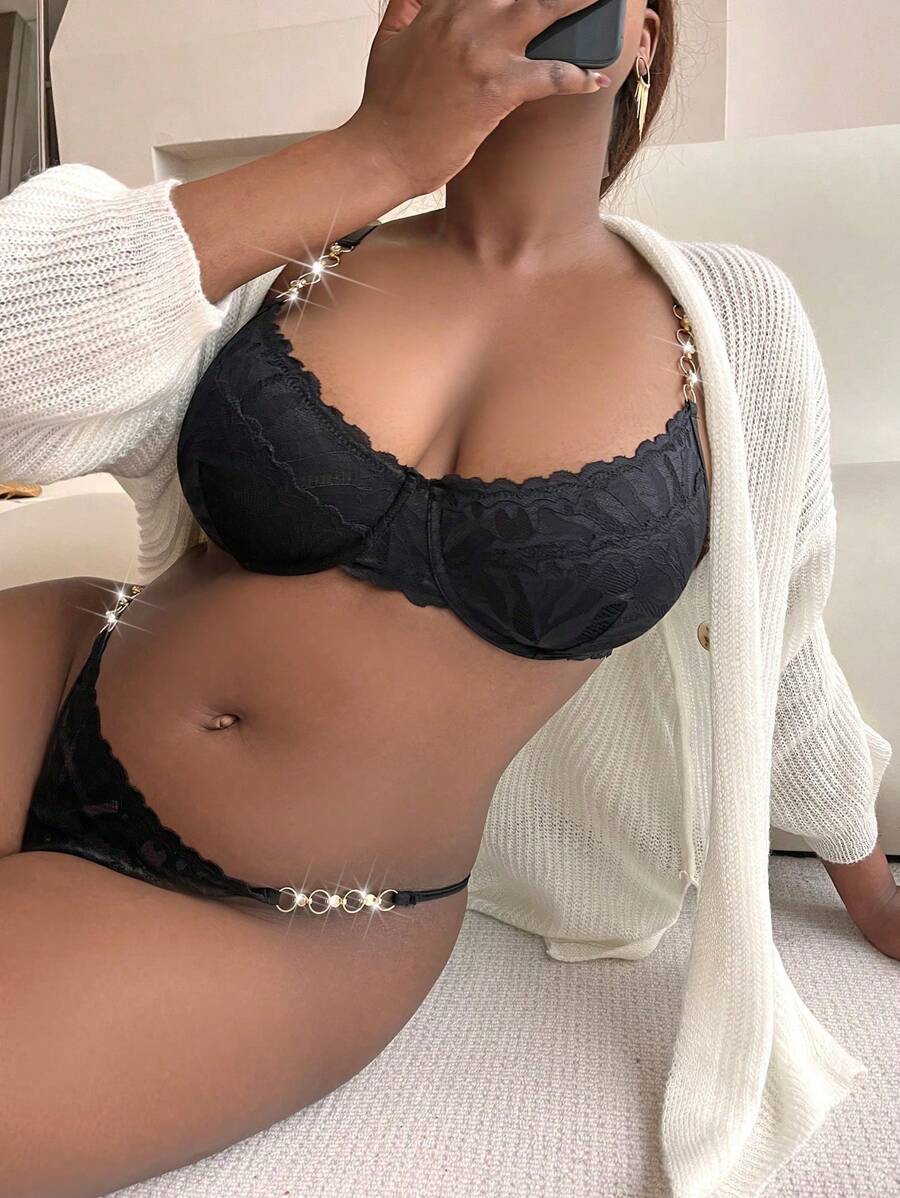 大码钢圈链装饰性感内衣套装 - 黑色 - 查看 1