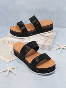 SHUZIA Women's Wedge Heel Thick Sole Sandals - Black - View 2
