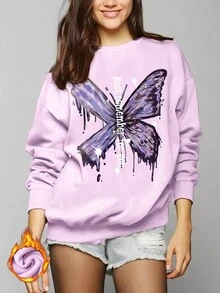 Calvaya 女款大碼蝴蝶印花圓領長袖運動衫 - 紫色 - 查看 1