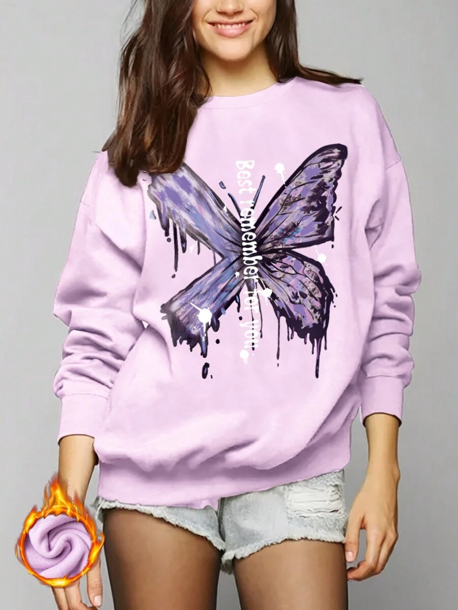 Calvaya 女款大碼蝴蝶印花圓領長袖運動衫 - 紫色 - 查看 1