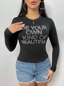 Zolique Women's Rhinestone Slogan T-Shirt - Black - View 1