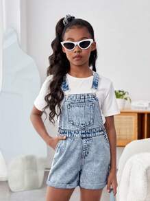 SHEIN Tween Girls' Stretch-Free Casual Denim Romper