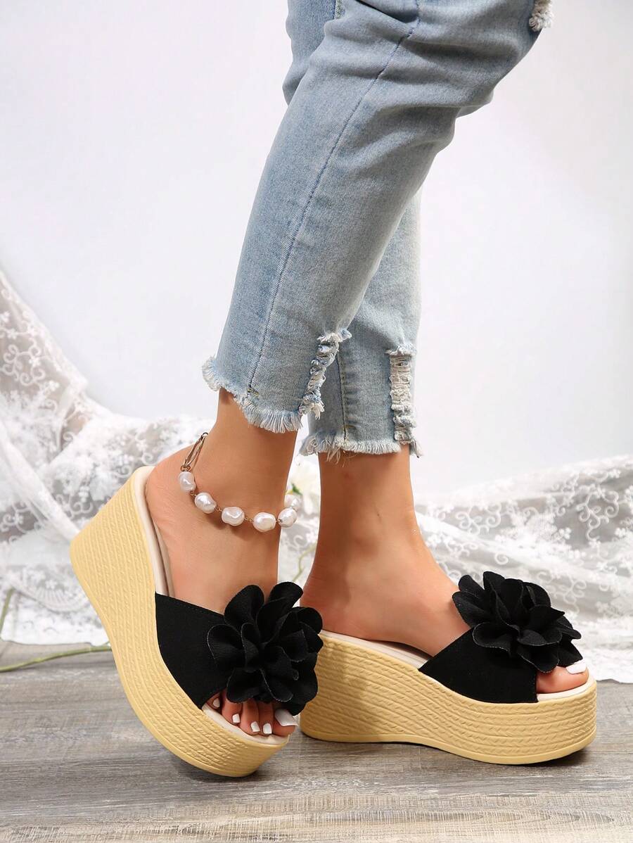 女士花朵裝飾編織坡跟涼鞋,度假夏天涼鞋 - 黑色 - 查看 1