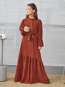 SHEIN 少女鬆身復古風額外長綁帶腰帶連身裙 - 卡其色 - 查看 4