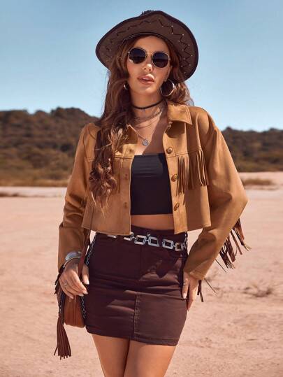 RELISH NOLESS Women Spring Summer Cowgirl Festival Country Concert Holiday Outwear Casual Sexy Boho Vacation Suede Fringe Lightweight Jacket