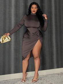 SHEIN Slayr Plus Size Long Sleeve Asymmetrical Hem Dress - Coffee Brown - View 1