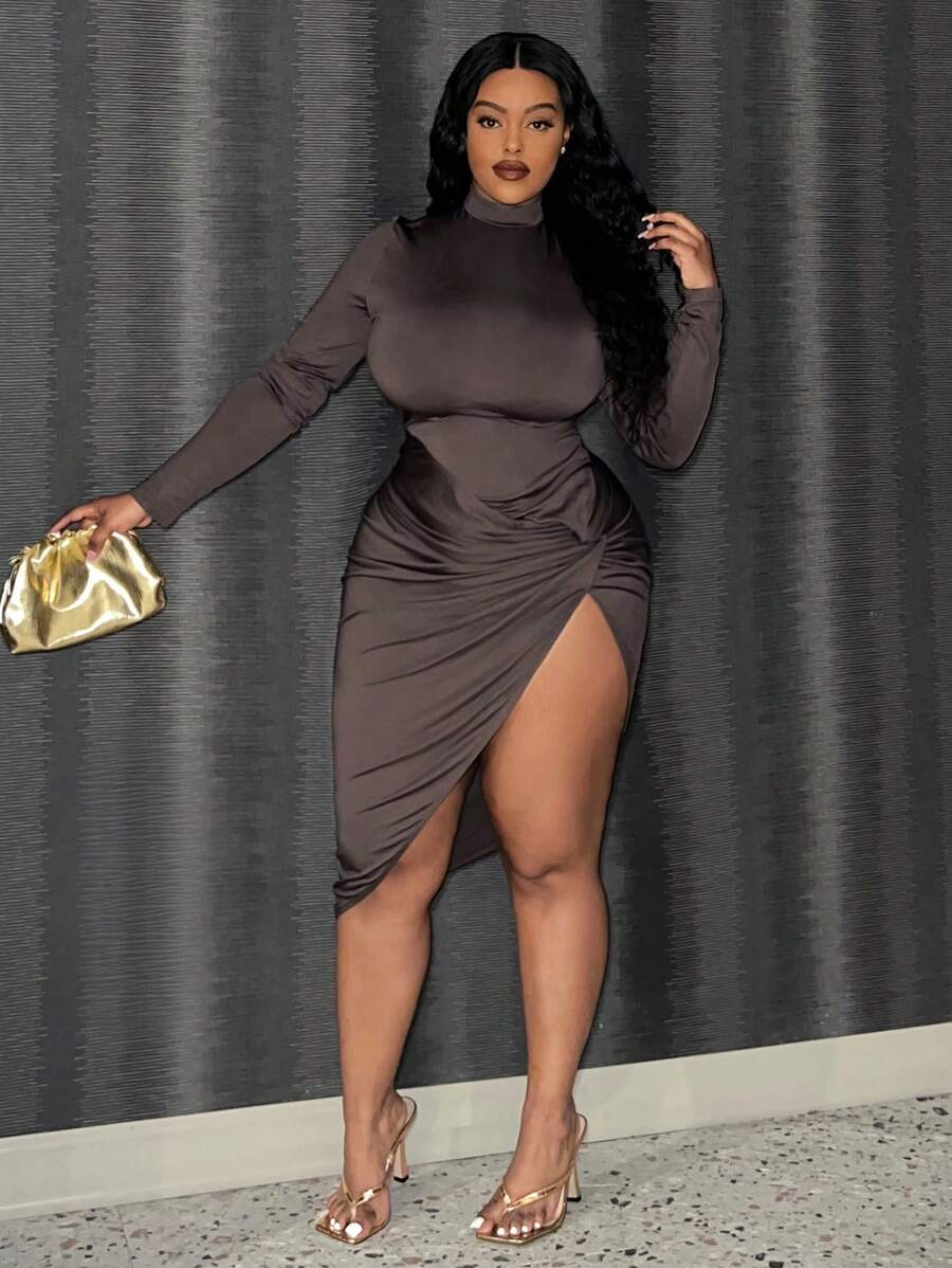 SHEIN Slayr Plus Size Long Sleeve Asymmetrical Hem Dress - Coffee Brown - View 1
