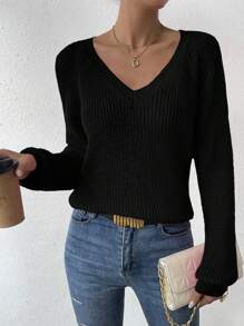 EMERY ROSE V Neck Raglan Sleeve Ribbed Knit Sweater,Long Sleeve Tops Knit Pullover Fall Winter Sweater - Black - View 7