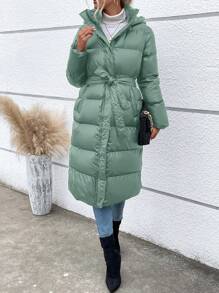 SHEIN LUNE 拉链闭合连帽加厚棉服外套衣服冬季带腰带 - 薄荷綠 - 查看 3