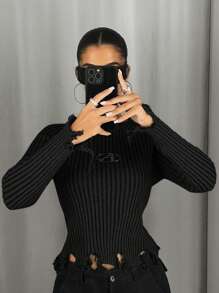 SHEIN ICON Distressed Knit Raglan Sleeve Sweater,Long Sleeve Tops In Fall/Winter - Black - View 4