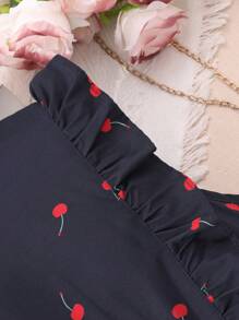 Teenage Girls' Cherry Print Navy Blue Belted Dress