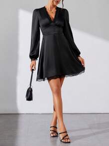 SHEIN Tall Lace Lantern Sleeve Dress - Black - View 4