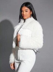 SHEIN BAE 粗针织和蓬松拼布白色短款拉链夹棉外套，冬季 - 白色 - 查看 6