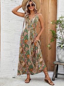 SHEIN LUNE All-Over Printed Backless Spaghetti Strap Dress - Multicolor - View 1