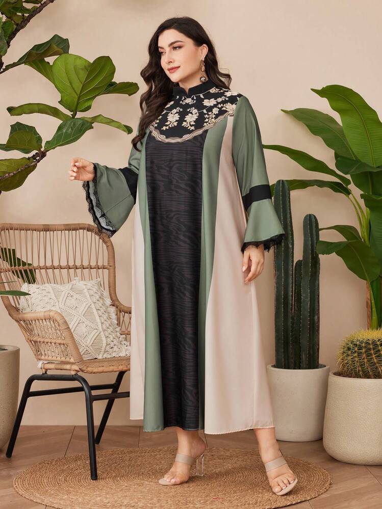 Al Najma 大尺寸花卉印花蕾絲鑲邊袖口波浪袖連衣裙 - 彩色 - 查看 6