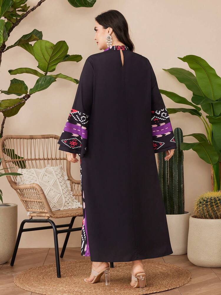 Plus Size Geometric Print Bell Sleeve Dress Kaftan Jalabiya Dress