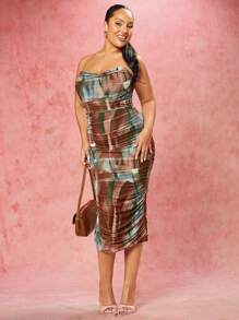 SHEIN BAE 女式大尺碼抹胸縮褶紮染連身裙 - 彩色 - 查看 3