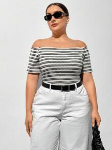 SHEIN Essnce Plus Size Women's Spring And Summer New Fashion Casual Vacation One-Shoulder Striped Short-Sleeved Tight T-Shirt