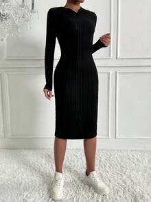 SHEIN Essnce 純色條紋長款連帽衫 - 黑色 - 查看 2