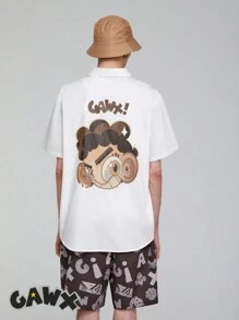 GAWX Áo sơ mi Nam Nút phía trước Hoạt hình Lá thư Giải trí - trắng - Xem 1