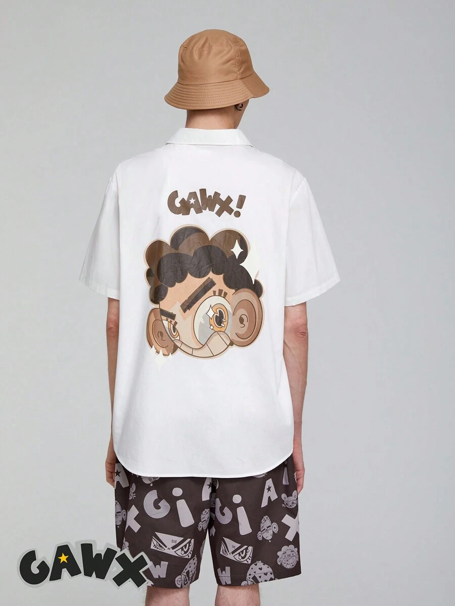 GAWX Áo sơ mi Nam Nút phía trước Hoạt hình Lá thư Giải trí - trắng - Xem 1
