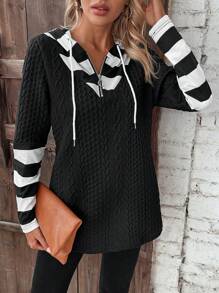 SHEIN LUNE Khối màu Sọc Tay áo dài Áo nỉ - Đen và trắng - Xem 4