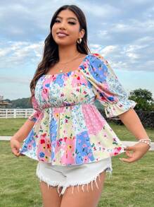 SHEIN SunnyBelle 女裝大尺寸花卉印花方領褶皺上衣 - 彩色 - 查看 3