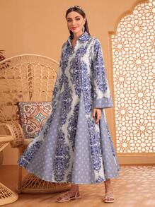 Al Najma 全印花长袖阿拉伯喇叭裙，端庄大方 - 彩色 - 查看 1