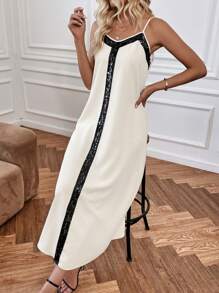 SHEIN Clasi Women's Sequin Patchwork Spaghetti Strap Dress - Apricot - View 6