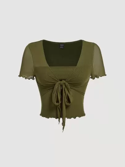 SHEIN MOD Lettuce Hem Tie Front Green Vintage T-Shirt